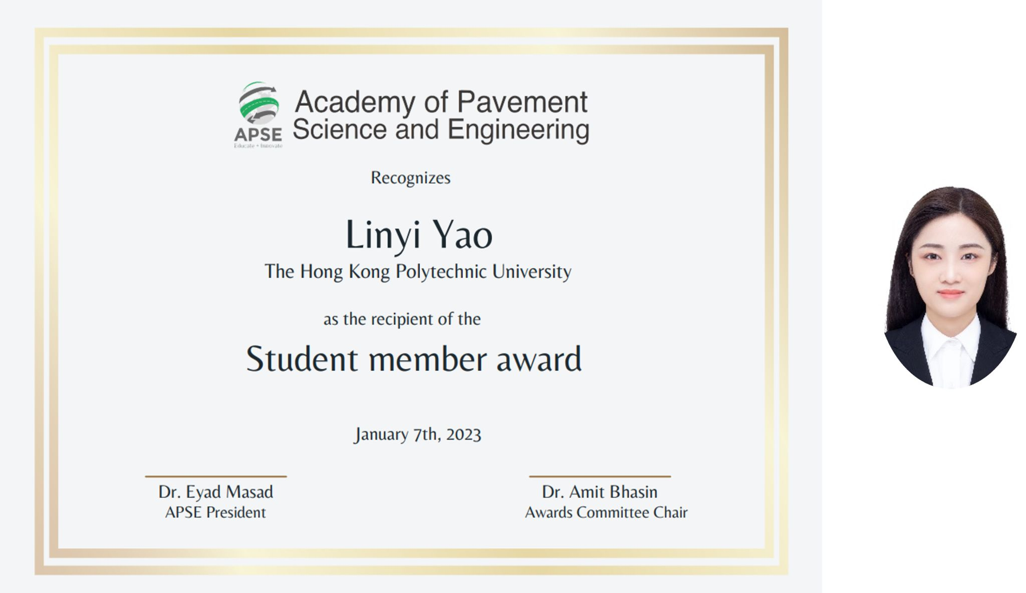 Ms. Linyi Yao and Dr. Siqi Wang received distinguished APSE awards